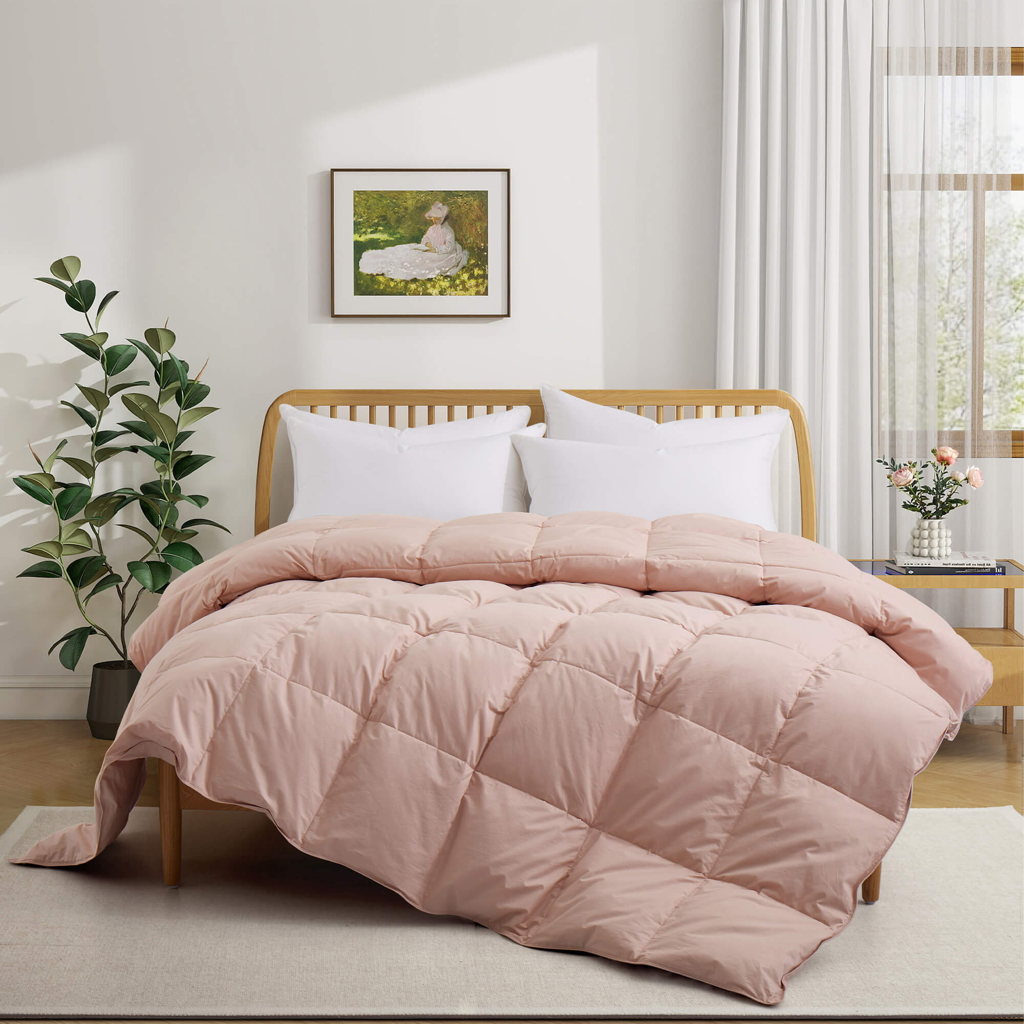 Embrace a luxurious, comfortable sleep every night with the Puredown All Season Organic Cotton Down Feather Fiber Comforter. The duvet insert can be attached to your duvet cover with ease, thanks to the four corner loops. Double-needle stitching coupled with elegant piping that lines the feather and down comforter ensures a sturdy seam, reducing duvet filling loss and lending the all-season feather comforter a tailored appearance.