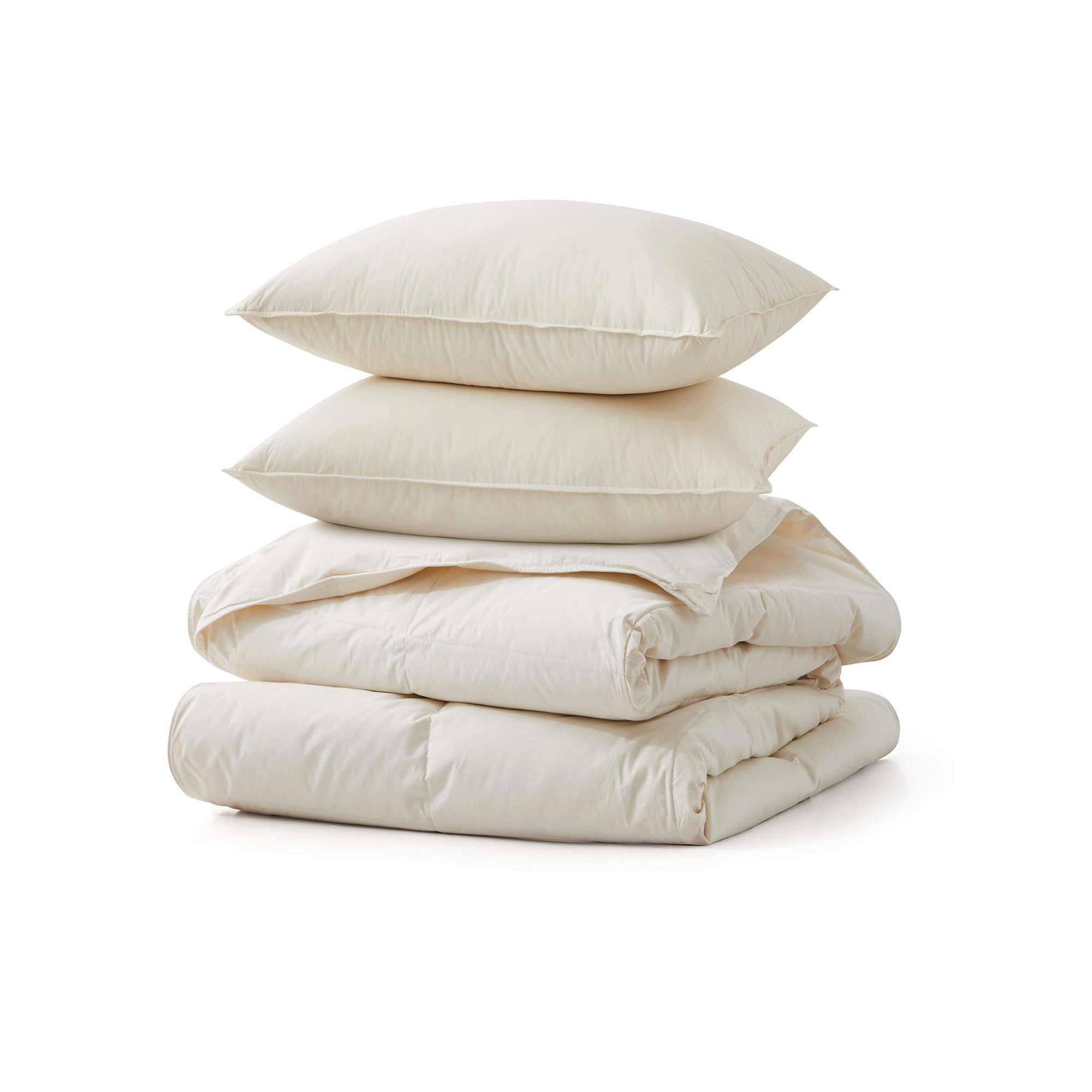 Elevate your sleep with the Lightweight Organic Cotton Down Comforter & Pillow Bundle, featuring a breathable 100% GOTS-certified organic cotton comforter and two matching down pillows. The lightweight design is perfect for warm sleepers and hot climates, offering cloud-like softness while remaining cool and breathable. Ethically sourced and machine washable, this bundle delivers natural comfort and premium quality at great value.