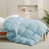The down comforter with feathers is enveloped in the pristine shades of Sky Blue. Enjoy a cloud-like experience for a cozy sleep with this superior quality down feather comforter with duvet ties.