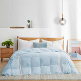 The luxurious comforter with corner tabs is enveloped in the cool tones of Sky Blue. Bring the icy cool freshness of the outdoors to your personal space with this feather down blanket.