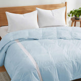 The luxurious comforter with corner tabs is enveloped in the cool tones of Sky Blue. Bring the icy cool freshness of the outdoors to your personal space with this feather down blanket.