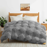 The medium warmth fluffy comforter is covered in the somber tones of gray. Add a touch of panache to your personal space with this high-quality all-season down comforter with corner taps for a snug sleep experience.
