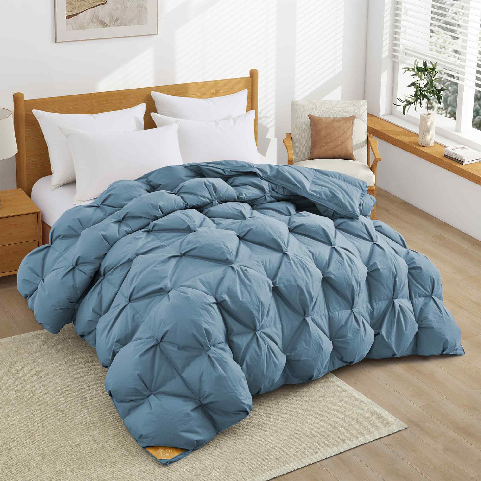 The organic cotton fabric cover comforter is brushed in the serene tones of Castle Blue. Bring an elevated level of warmth and fluffy comfort to your abode with this perfect weight comforter for a relaxing sleep experience.