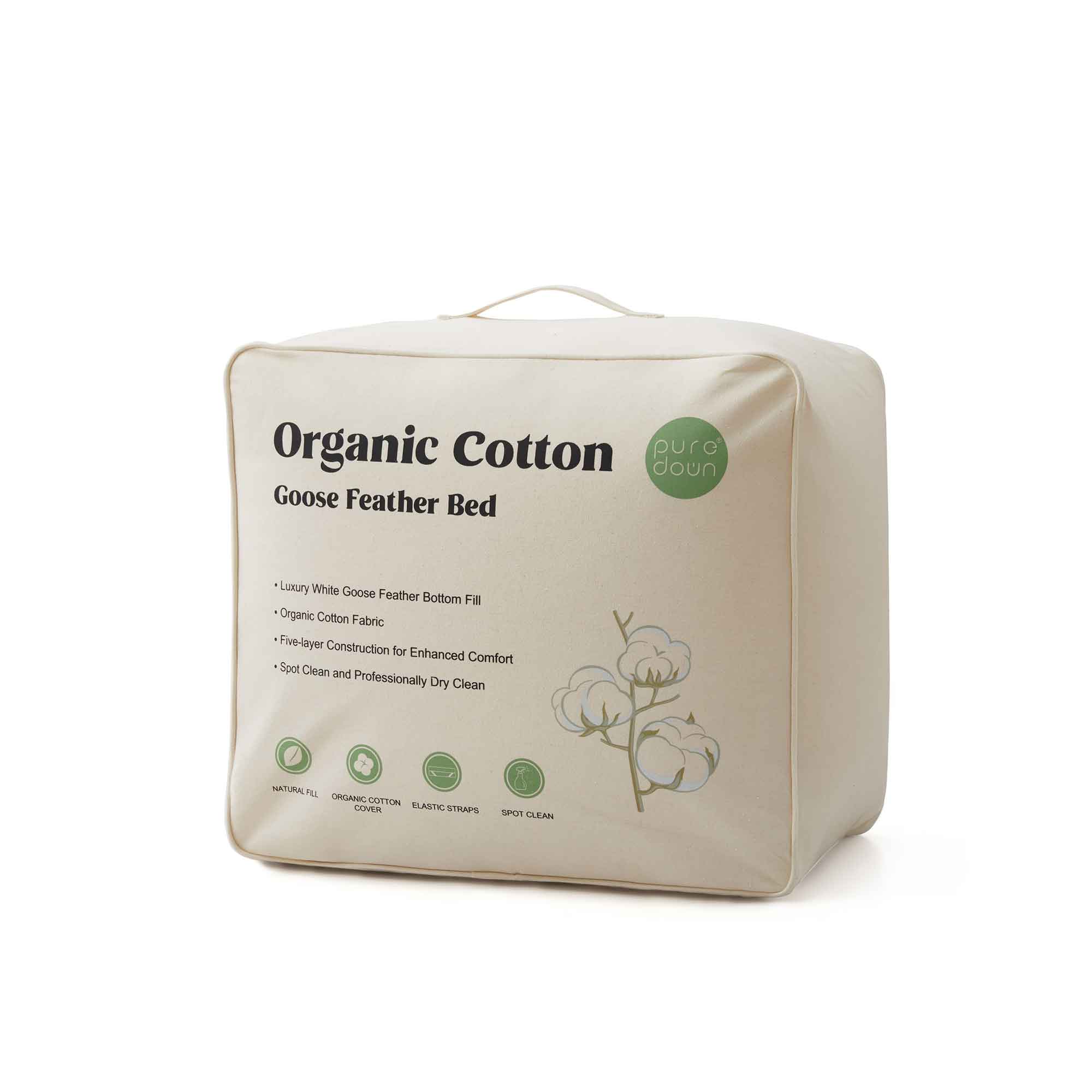 The plush surface of this feather blend mattress down topper is colored in pearly hues of off-white. Adding this feather mattress topper to your bedroom is an excellent choice for deep cushioning and additional comfort layer for a healthy sleep environment.