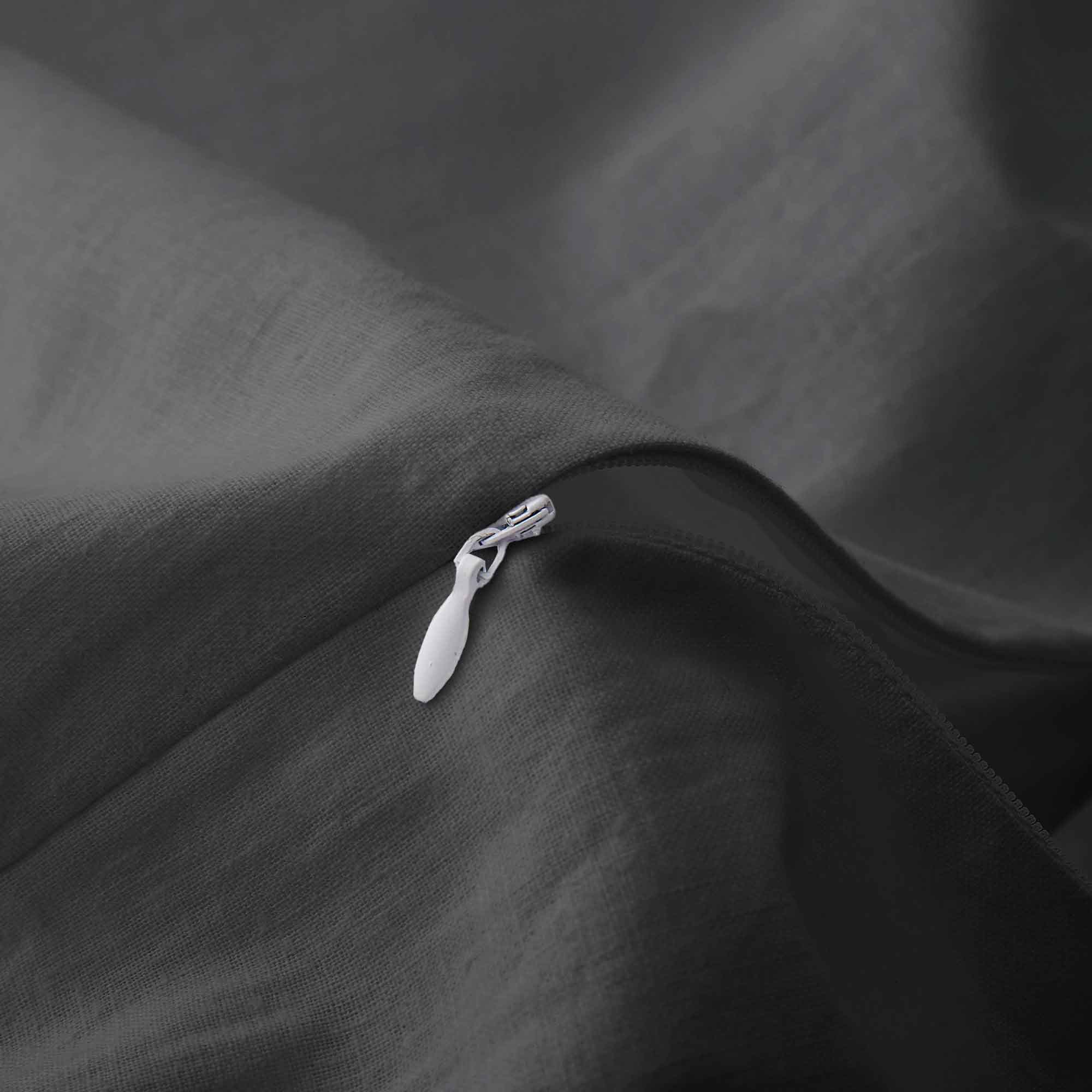 Deep charcoal gray duvet cover and pillowcases made from soft linen-cotton blend.