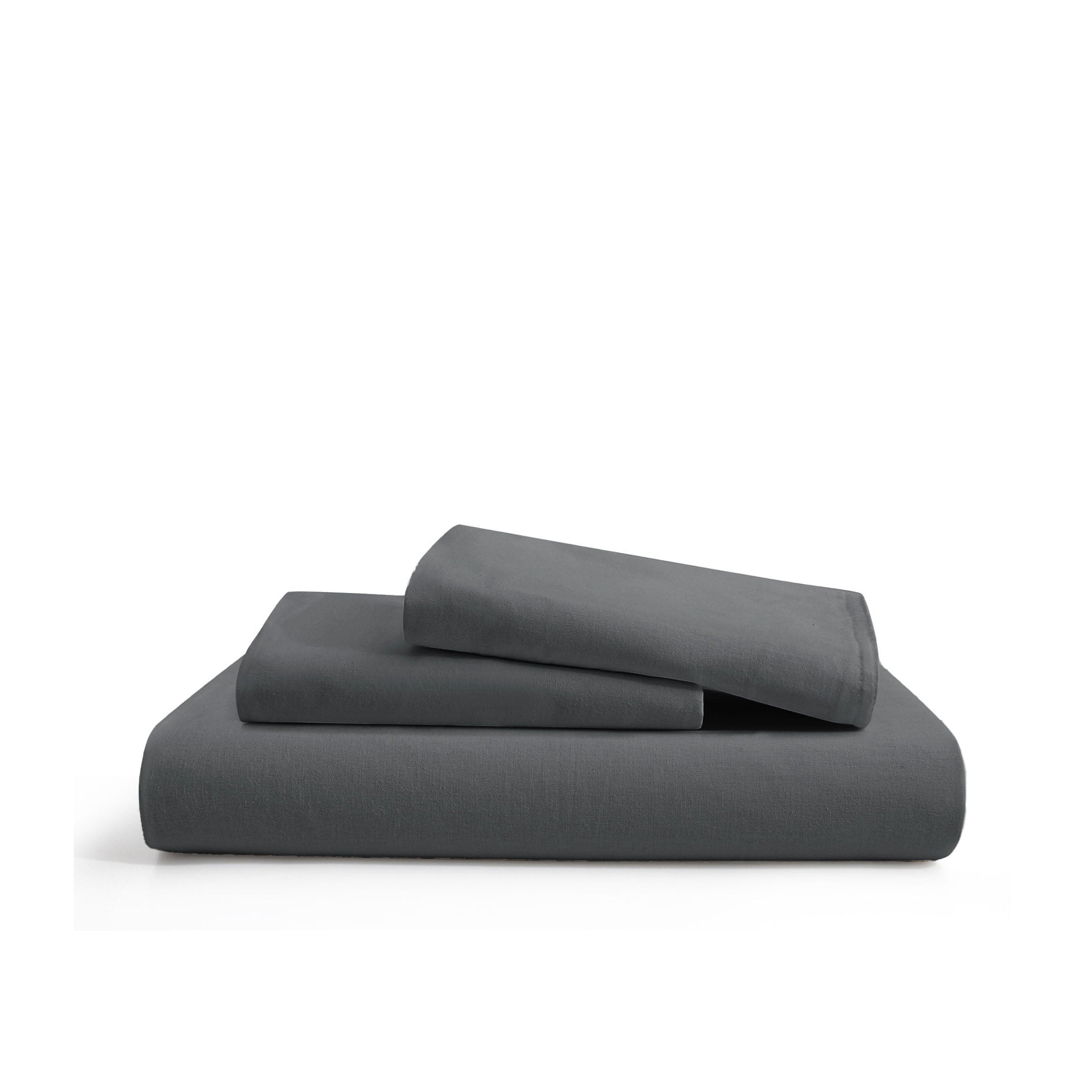 Deep charcoal gray duvet cover and pillowcases made from soft linen-cotton blend.