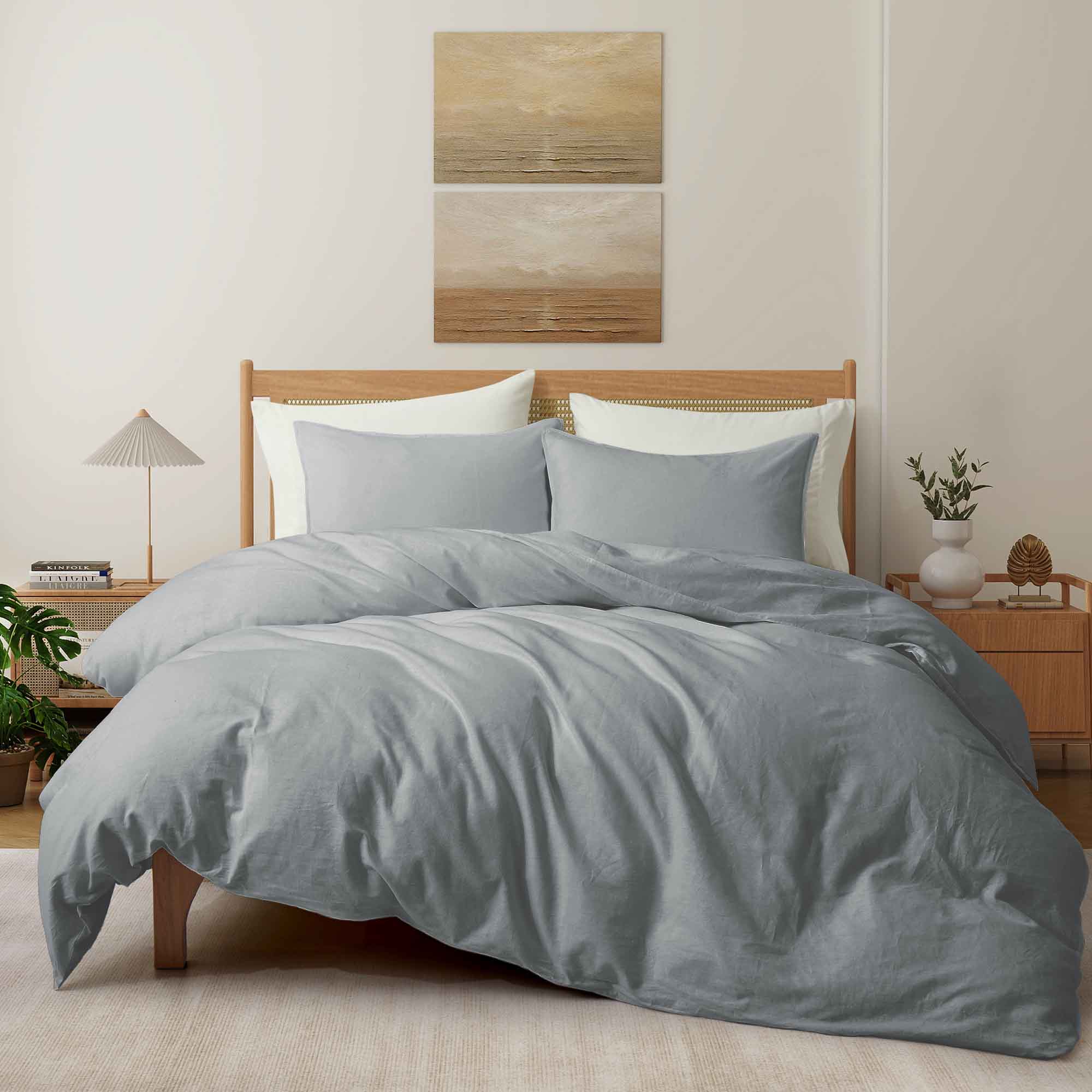 Add a touch of modern elegance with the Gray Linen Cotton Blend Duvet Cover Set. The soft, neutral gray complements any style while offering a calm and cozy atmosphere. Crafted from a breathable linen-cotton blend, this set ensures optimal airflow and comfort for hot sleepers and warm climates.