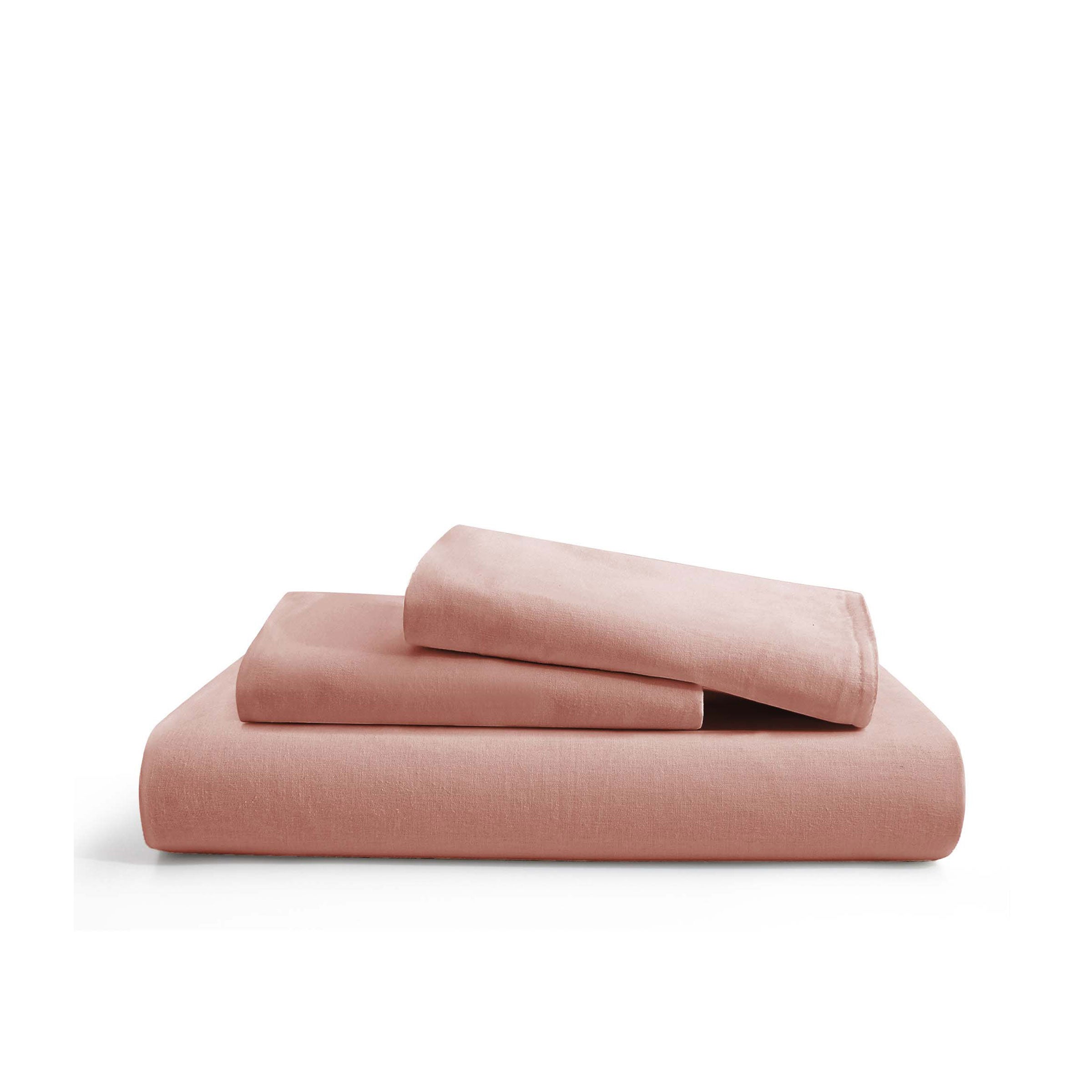Soft rose taupe linen-cotton duvet cover and pillowcases in muted pink-beige.