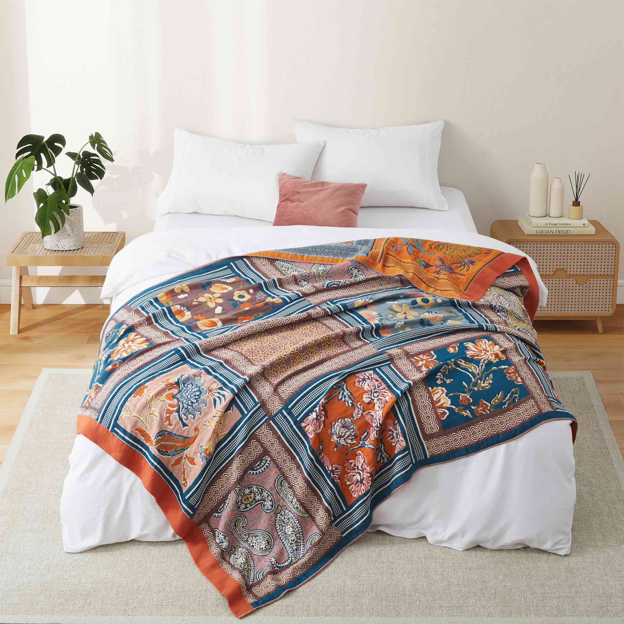 The gorgeous piece incorporates exquisite patchwork designs featuring flowers, paisleys, and scenes from nature. This plush blanket brings the beauty of old times to your bedroom.