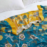 Teal floral velvet throw blanket with yellow and white flower patterns and a golden yellow border.