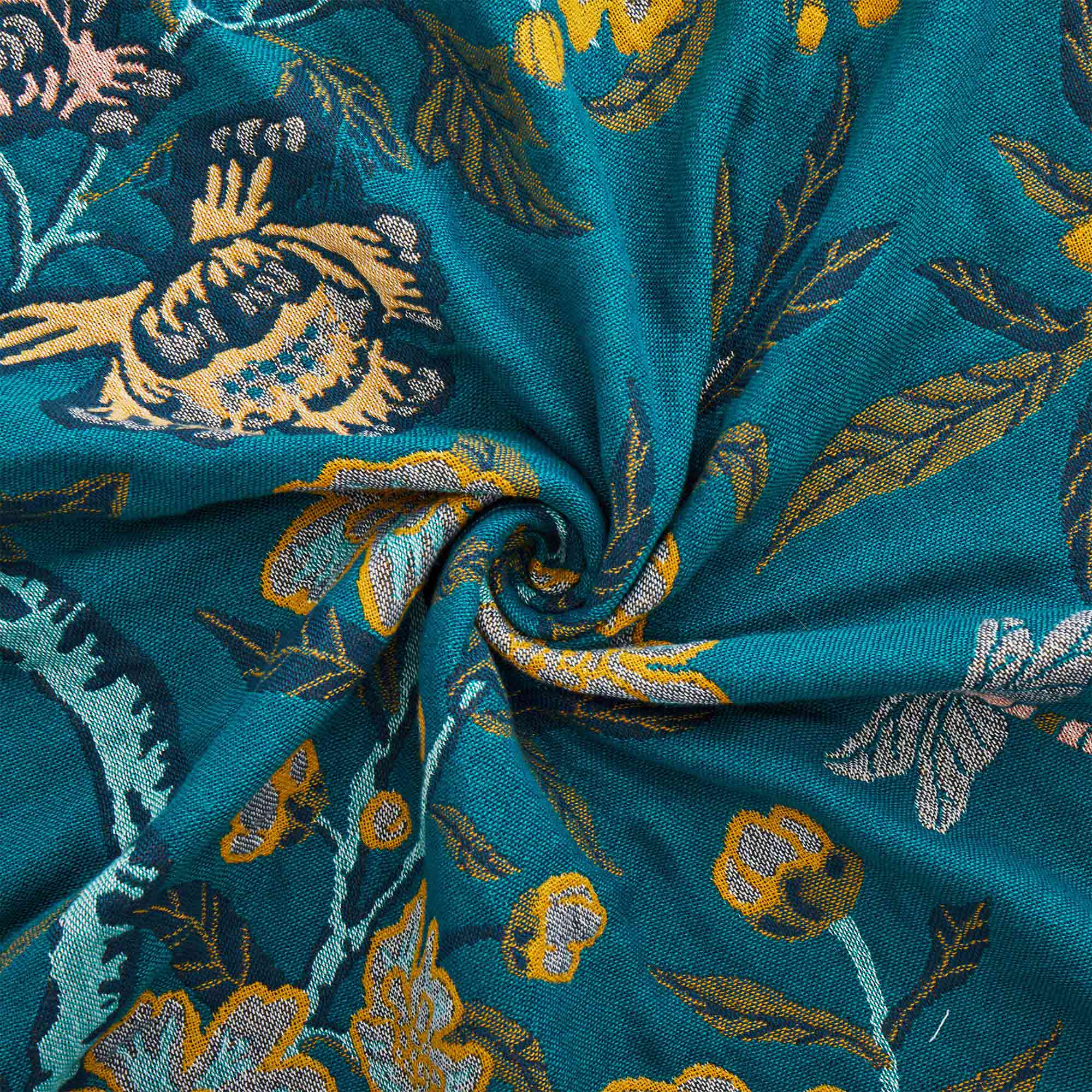 Teal floral velvet throw blanket with yellow and white flower patterns and a golden yellow border.