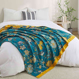Teal floral velvet throw blanket with yellow and white flower patterns and a golden yellow border.
