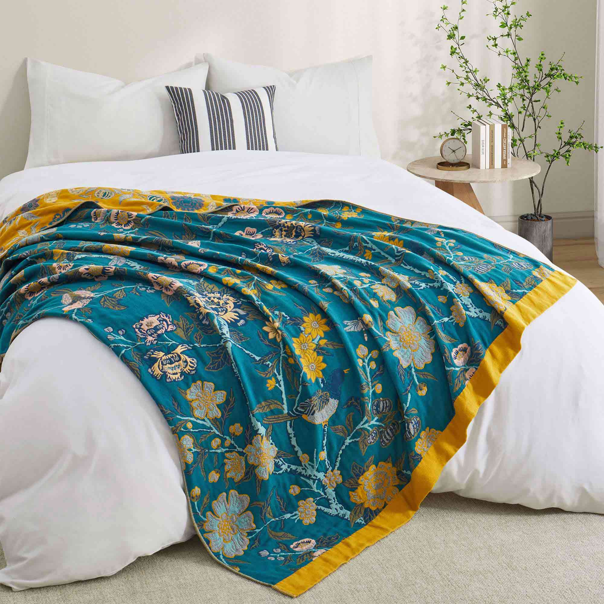 Teal floral velvet throw blanket with yellow and white flower patterns and a golden yellow border.