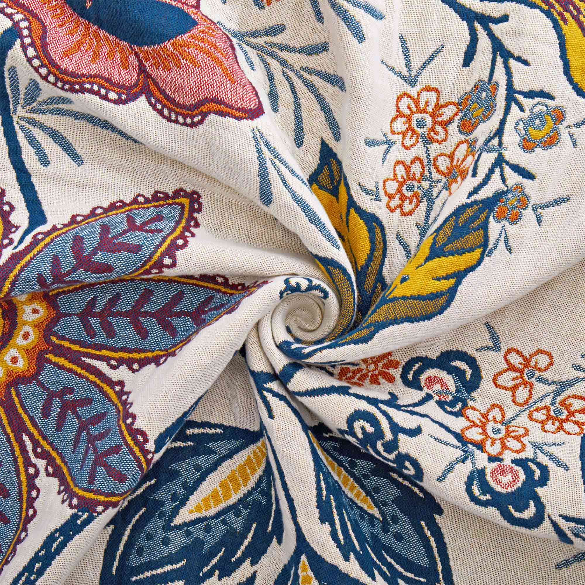 Cream-colored floral velvet throw blanket featuring vibrant red, blue, and yellow botanical patterns with a golden yellow border.
