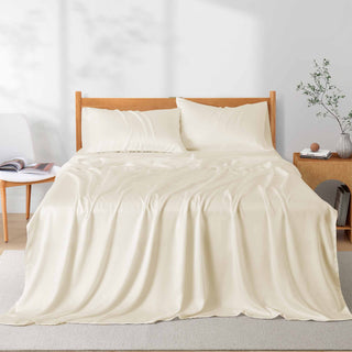 The entire collection with a lustrous finish is covered in pearly hues of ivory. Add a touch of subtle panache to your bedroom with this sheet set which is cooling for hot sleepers.