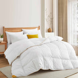 The all season down comforter is covered in the solid color of white. Add brightness and light to your room with this goose-down comforter.