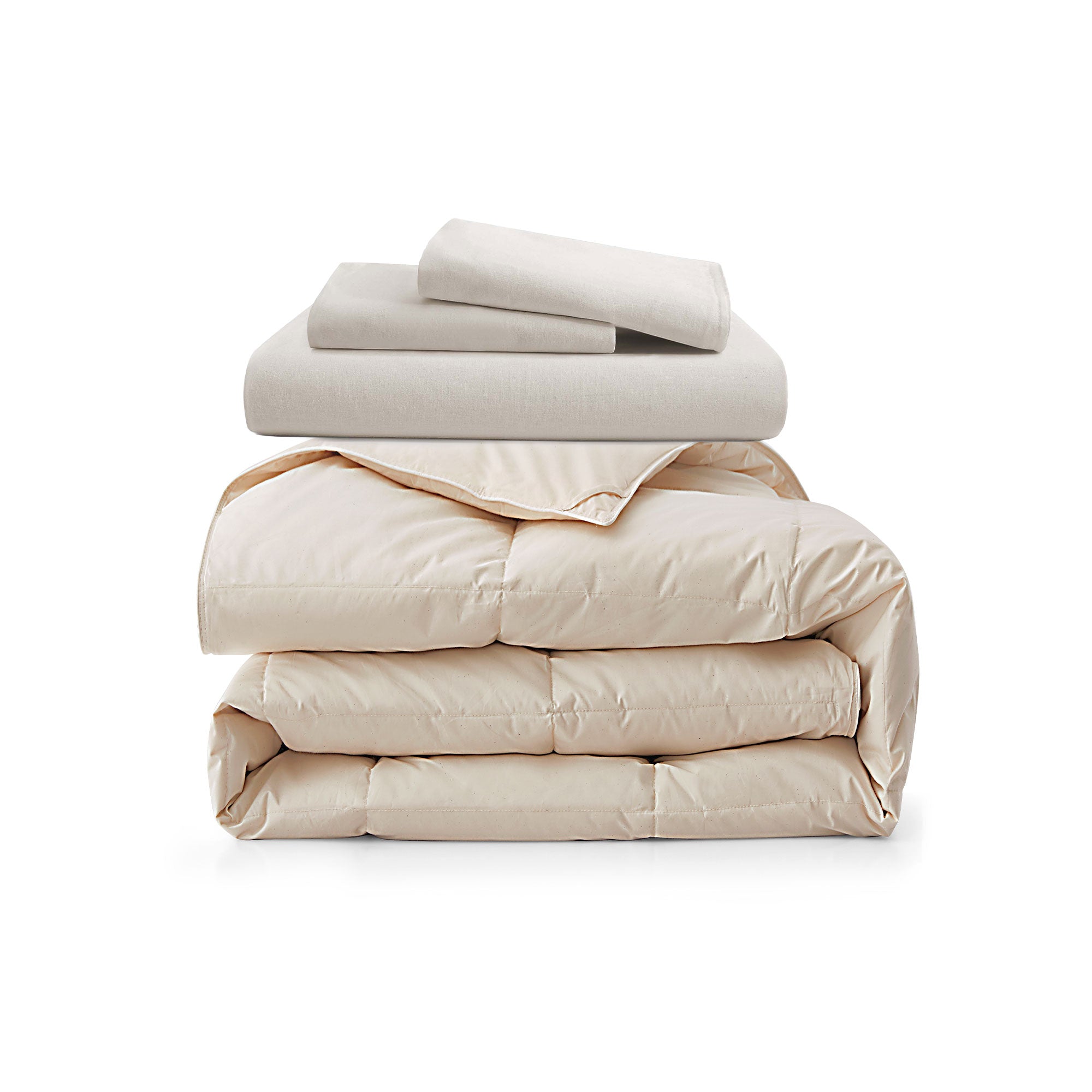 This bundle pairs an all-season organic cotton down comforter with a breathable linen-cotton duvet cover set for year-round comfort and natural luxury.