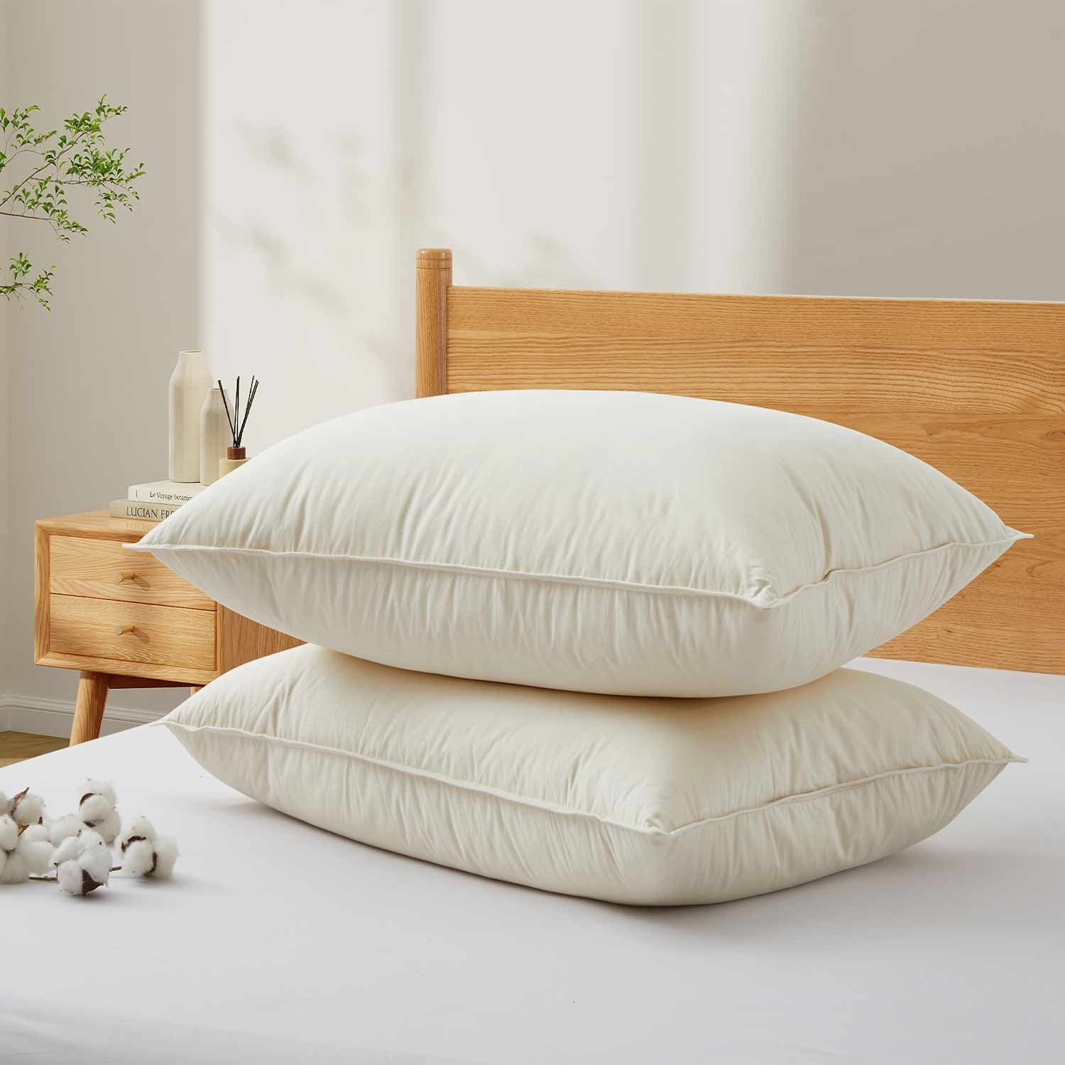 2 Pack Organic Cotton Down Feather Pillows for Back and Side Sleepers- Queen