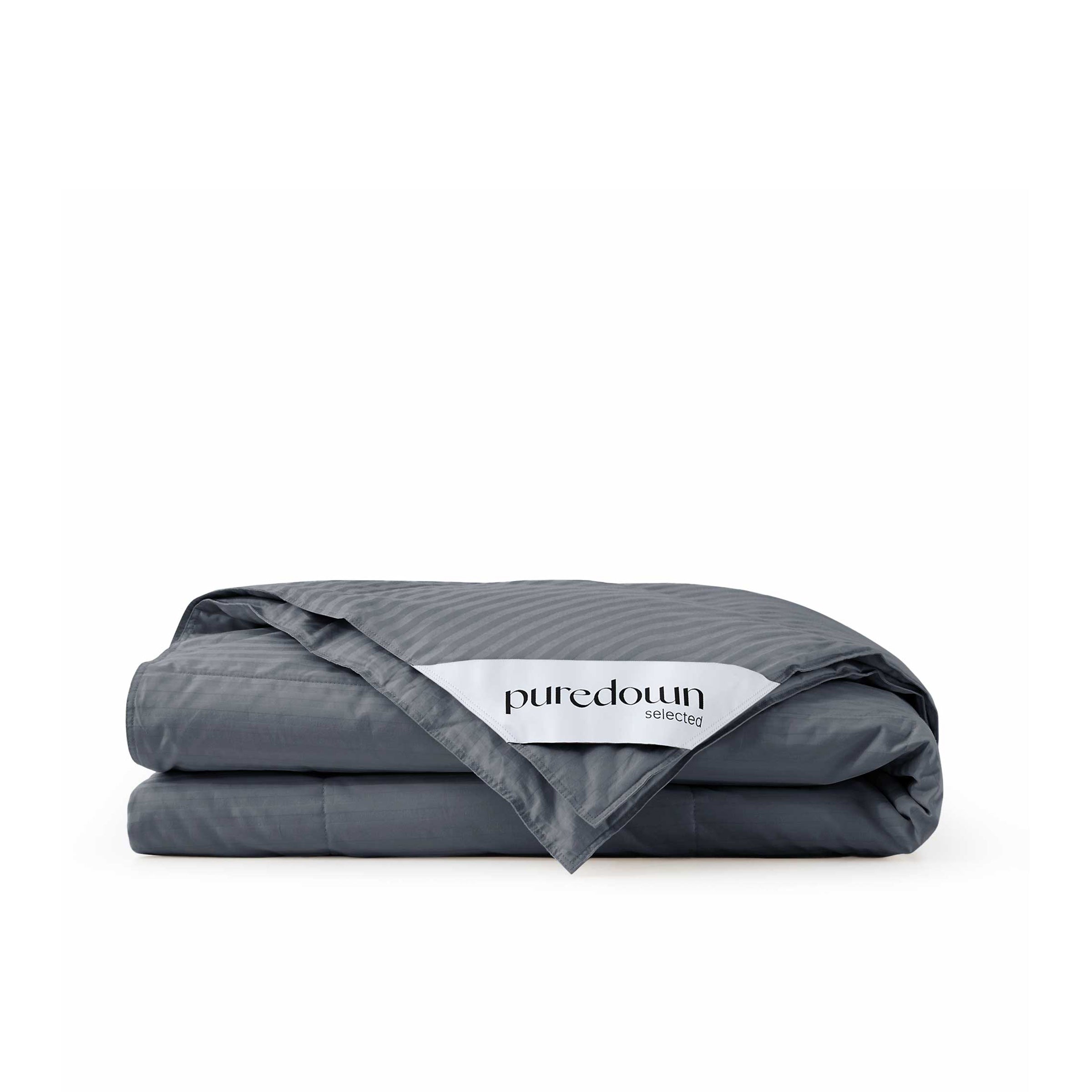 A folded gray Woven Stripe Down Blanket with a white label displaying the puredown selected logo.