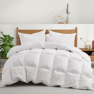 This cotton cover down comforter is painted in blissful shades of white. Bring an aesthetic elegance to your bedding with this goose down comforter on a cold night sleep.