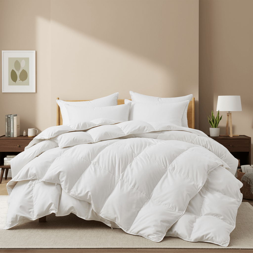 White comforter set on a bed in a bedroom with neutral walls and decor.