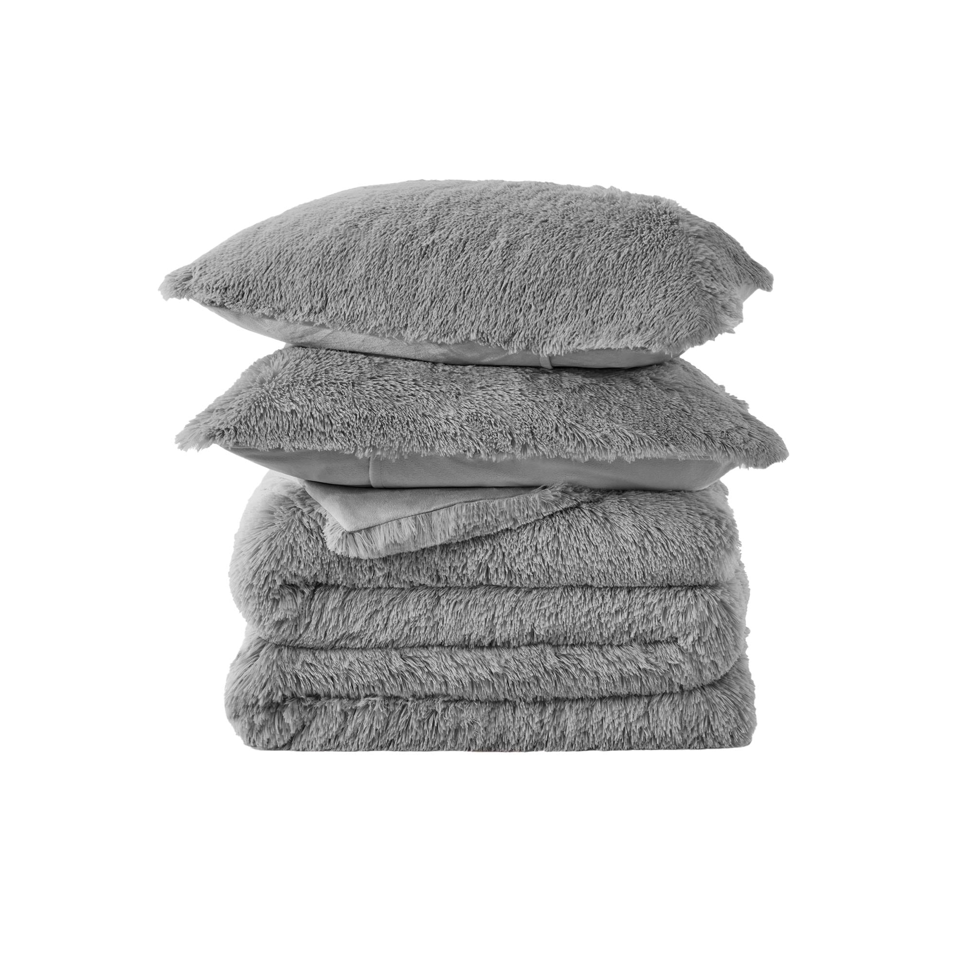 Add modern warmth to your bedroom with the 3-Piece Plush Reversible Faux Fur Comforter Set in Gray. Perfect for chilly seasons, the soft faux fur side offers cozy texture, while the sleek microfiber reverse adds versatility and style.