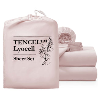 The Tencel Lyocell cooling sheet set is covered in the delicate shade of pink with hints of gray and beige. Create a serene and dreamy bedroom retreat with this eucalyptus bed sheet set in Misty Rose.