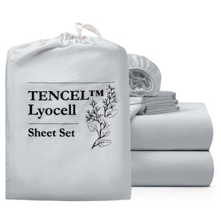The eucalyptus sheet set is enveloped in pale shades of grey with hints of blue or green. Experience ultimate tranquility and elegance with the Tencel Lyocell blend sheet set in Mist Grey.