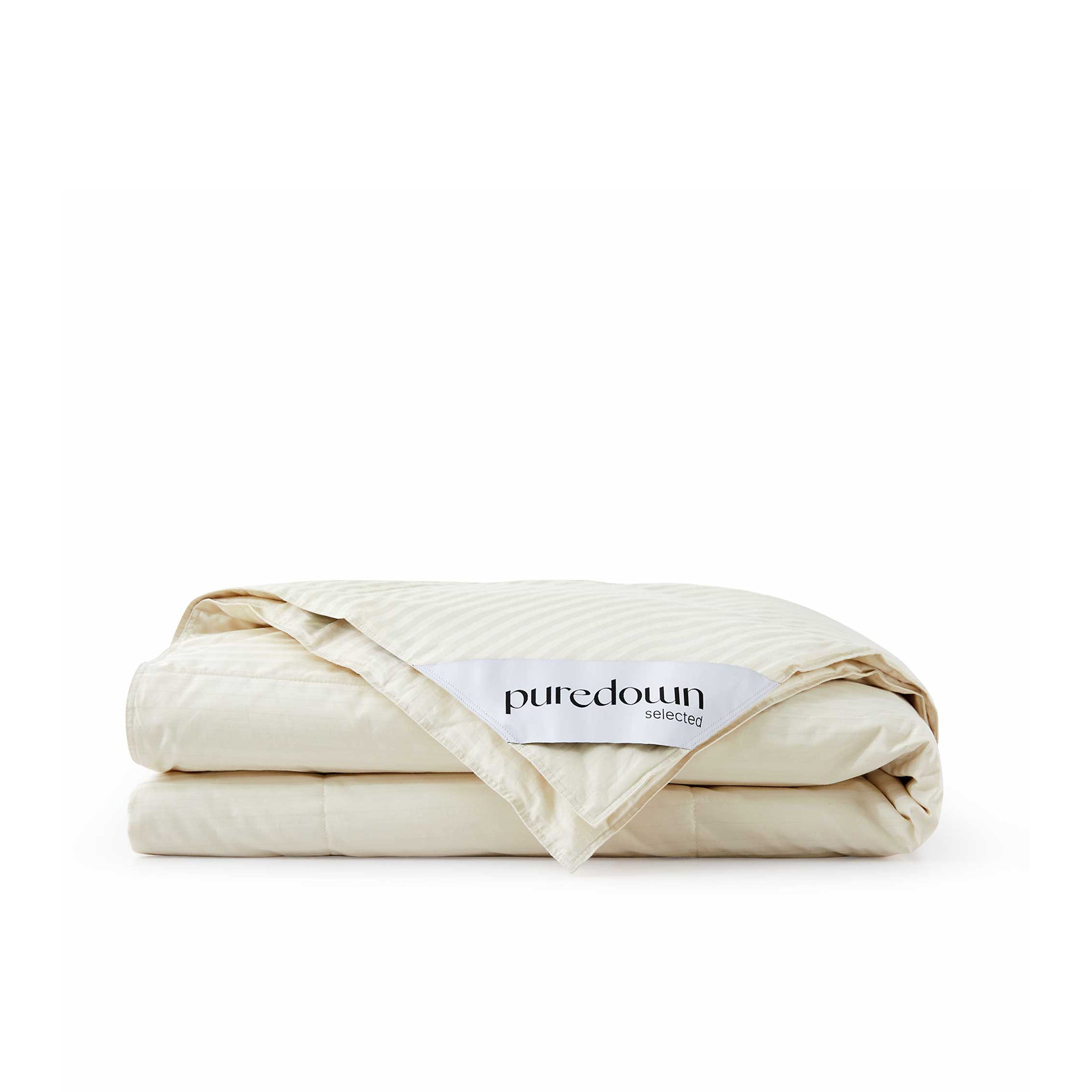 A folded cream-colored Woven Stripe Down Blanket with a Puredown Selected label is displayed on a white background.