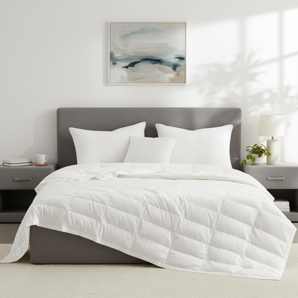 This down blanket is covered in pristine hues of white. Enjoy the coolest sleep every night with these white down blankets.
