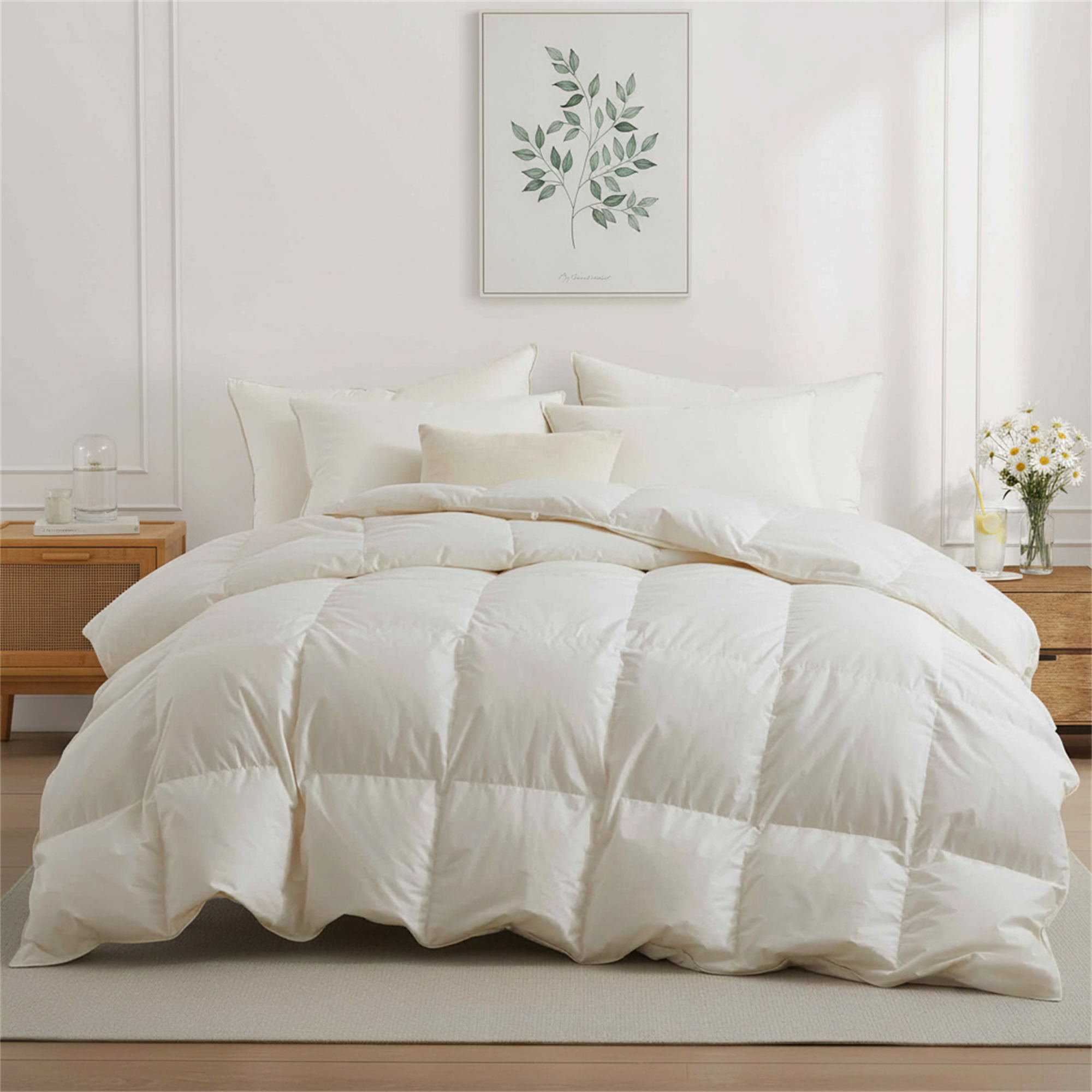 Crafted with a 100% organic cotton shell and filled with 90% natural white down, this comforter offers superior warmth and breathability. Its 800 fill power ensures a lightweight yet insulating sleep experience. Designed for year-round comfort, it features baffle box construction to maintain even fill distribution. Available in all-season and extra warm options, this comforter combines eco-friendly materials with luxurious softness for a restful night's sleep.