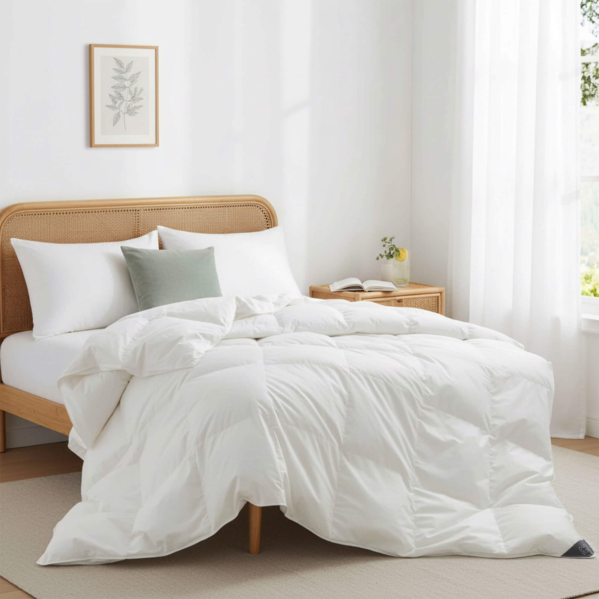 A neatly made bed with a white comforter, light green pillow, and wooden headboard features the Organic Cotton Down Comforter for added comfort.