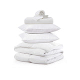 Bundle includes:
• 1 Ultra Lightweight Cooling Down Comforter
• 1 Organic Cotton Flat Sheet
• 1 Organic Cotton Fitted Sheet
• 2 Down Feather Pillows 
• 2 Organic Cotton Pillowcases