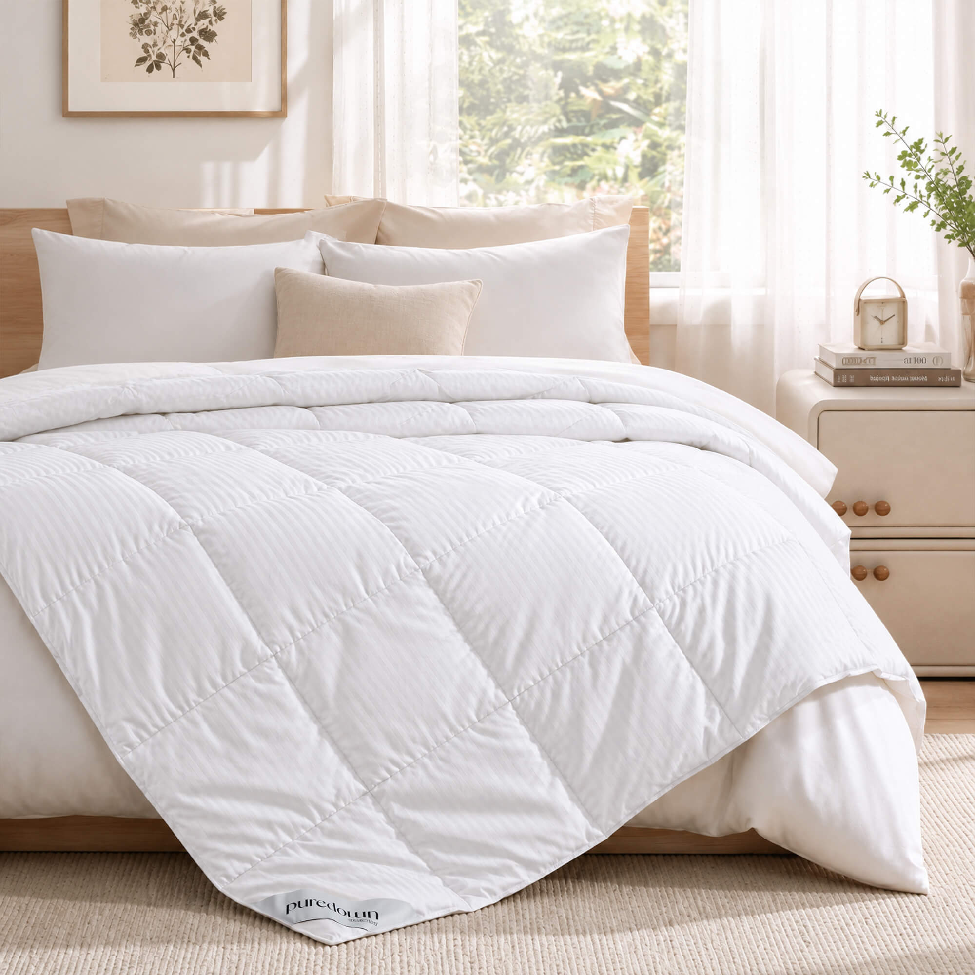 A neatly made bed with hotel-inspired bedding featuring the Cotton Oversized Down Blanket, beige pillows, and light wood furniture in a bright bedroom.