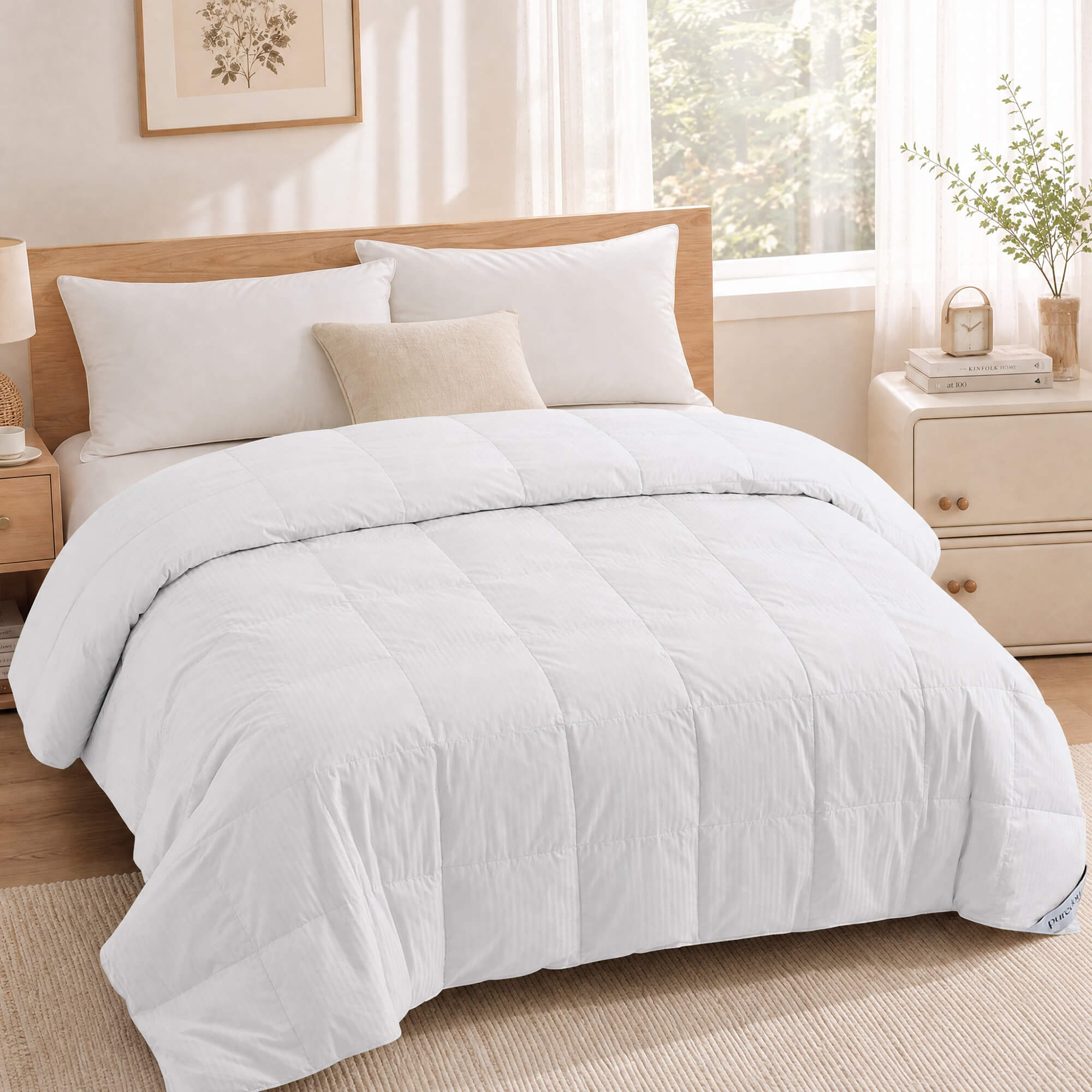 A neatly made bed with hotel-inspired bedding, featuring crisp white linens, pillows, a plush Cotton Oversized Down Blanket in white, a beige throw pillow, and light wood furniture in a sunlit room.