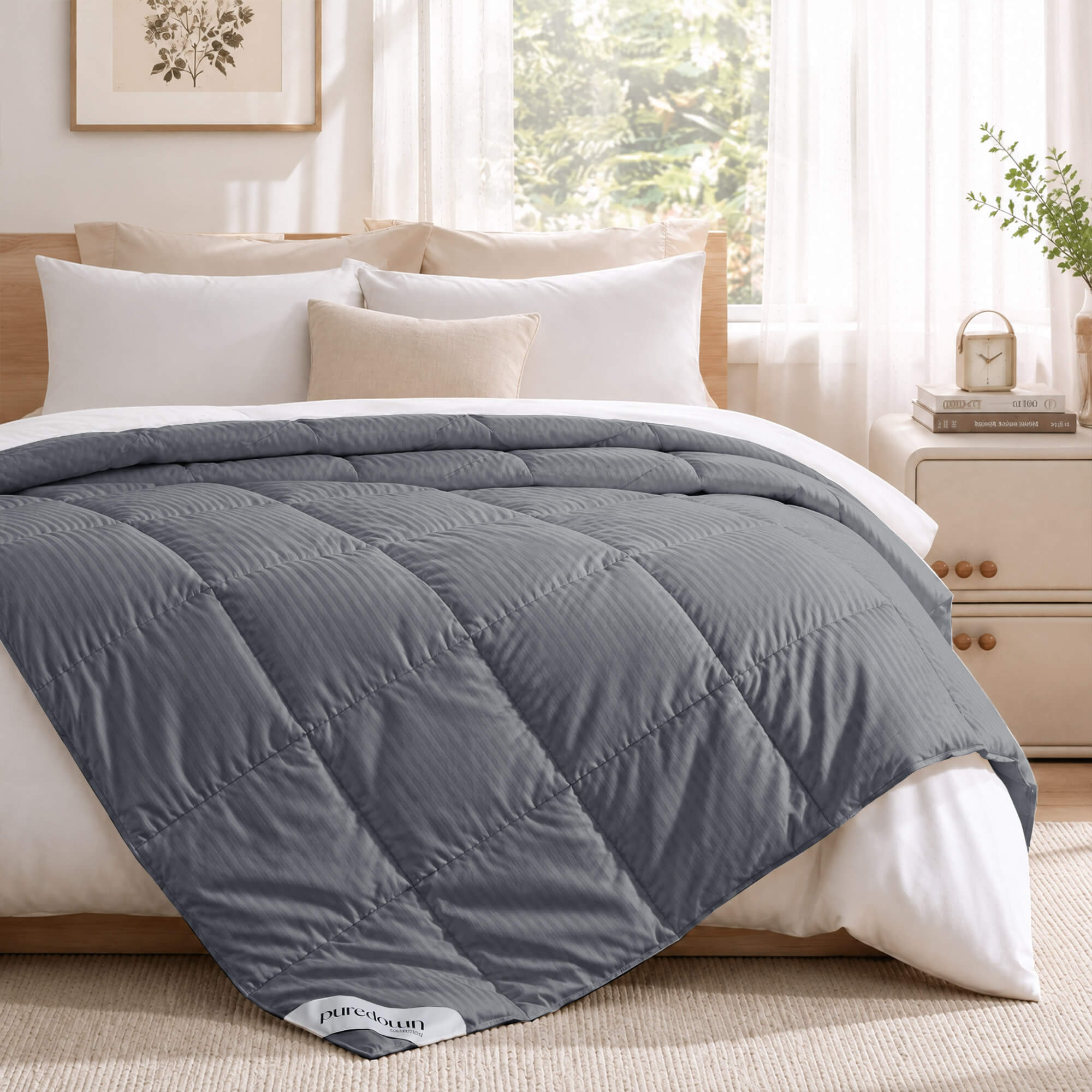 A neatly made bed with a gray comforter, the Cotton Oversized Down Blanket in premium white, crisp 380 thread count cotton white sheets, and beige pillows in a cozy bedroom.