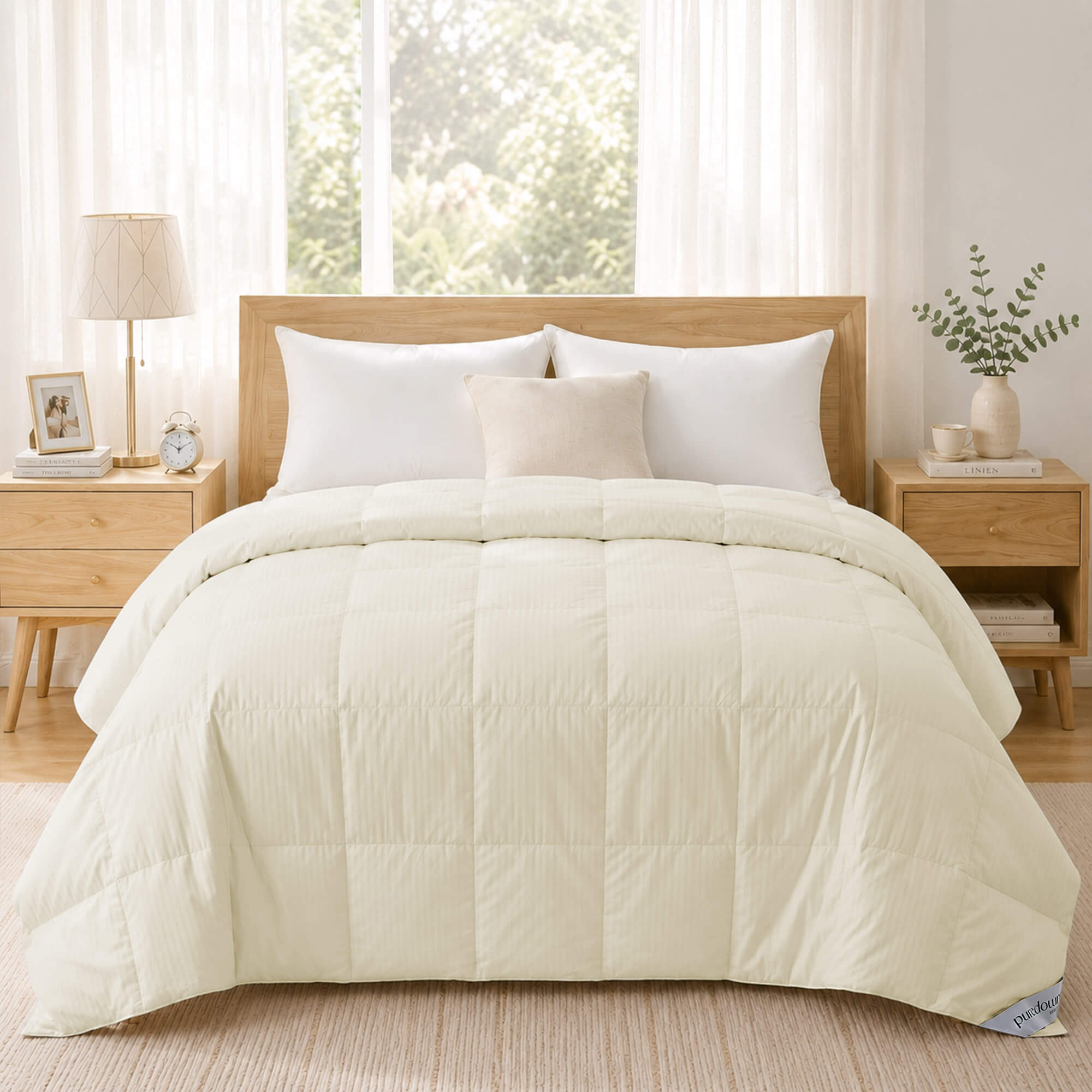 A neatly made bed featuring the Cotton Oversized Down Blanket in cream, paired with premium white down pillows and wooden furniture in a sunlit bedroom.