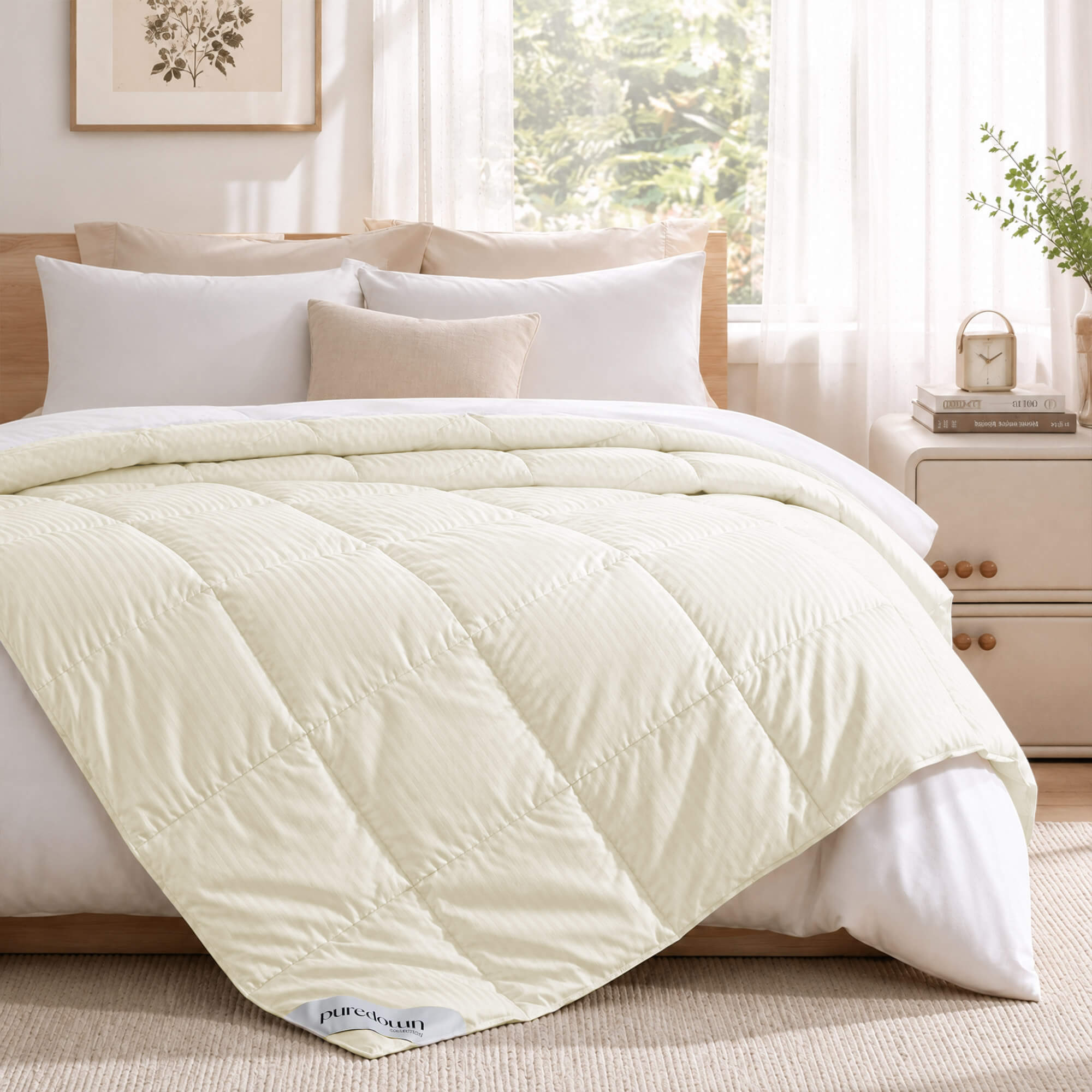 A neatly made bed featuring the Cotton Oversized Down Blanket in cream, crafted from 380 thread count cotton, paired with pillows, a nightstand, and bathed in soft natural light from a window.