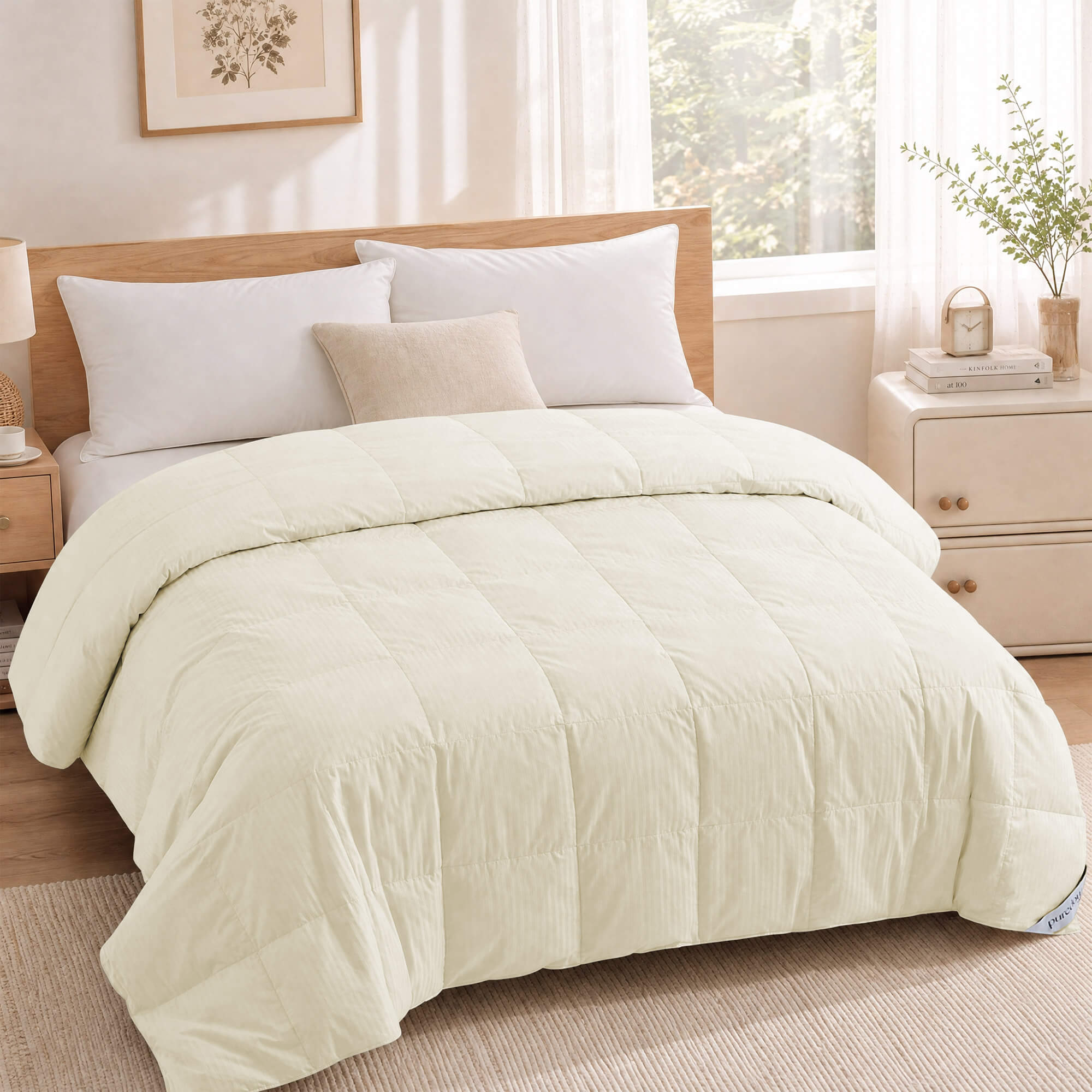 A sunlit, minimal bedroom with wooden furniture features a beige bed topped with white pillows and the Cotton Oversized Down Blanket in premium white.