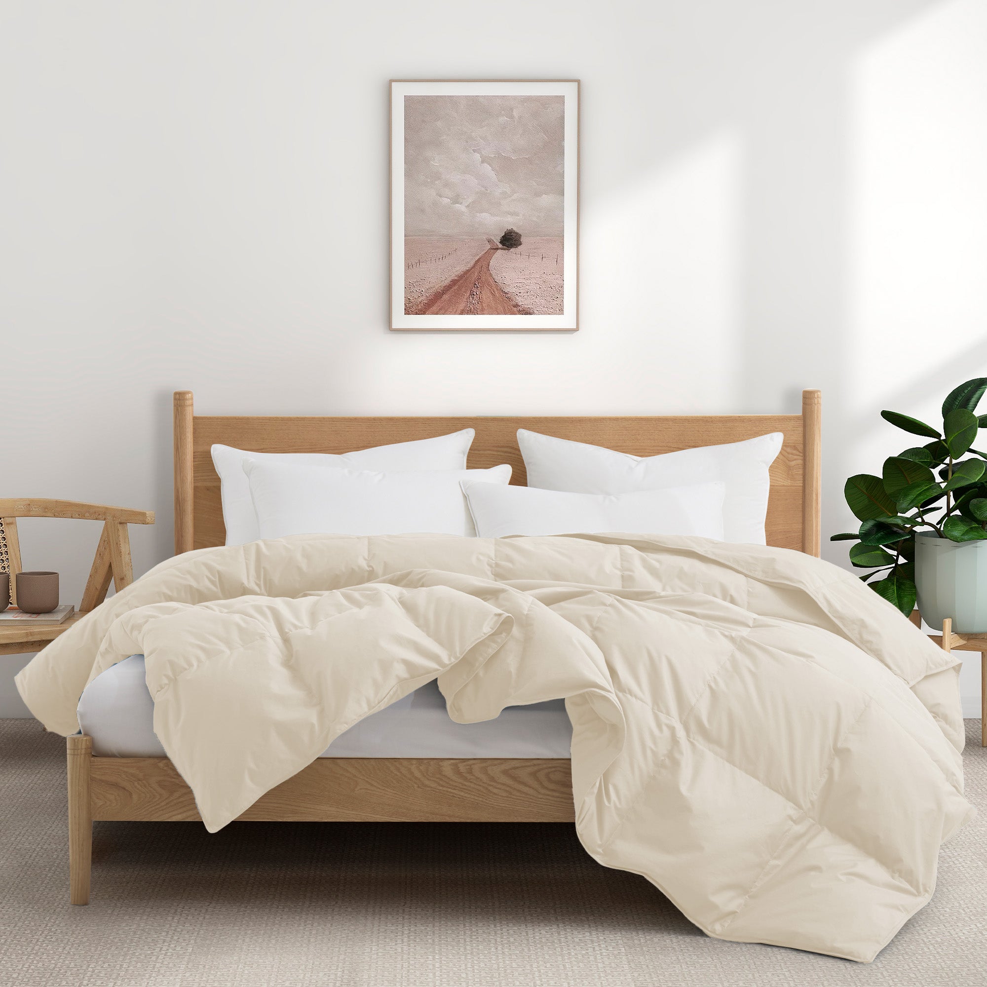 The down feather comforter is covered in solid colors of soft beige or hues of off-white that give it a crisp appearance. Bring natural light to your bedding space and turn it into a cozy spot, while you enjoy the natural feeling of cottony softness with this off white feather comforter.