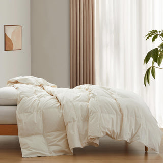 The down comforter with feathers is covered in crisp tones of off-white. Add a touch of contemporary finesse to your bedroom design scheme with this off-white feather down comforter.