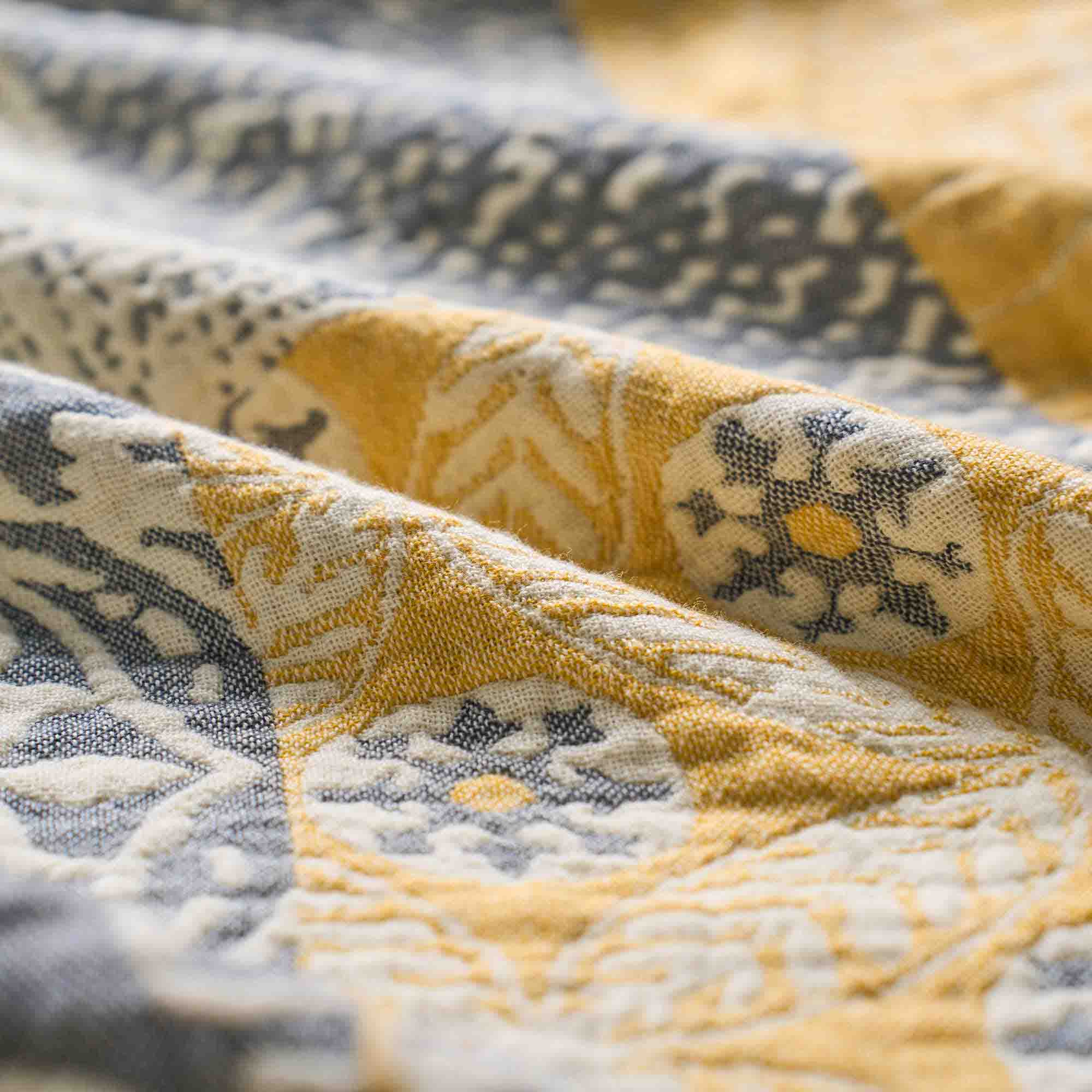 The Boho Cotton Throw Blanket, featuring a yellow and gray jacquard pattern with floral and geometric designs, is displayed in soft, gentle folds to add a touch of elegance to any space.