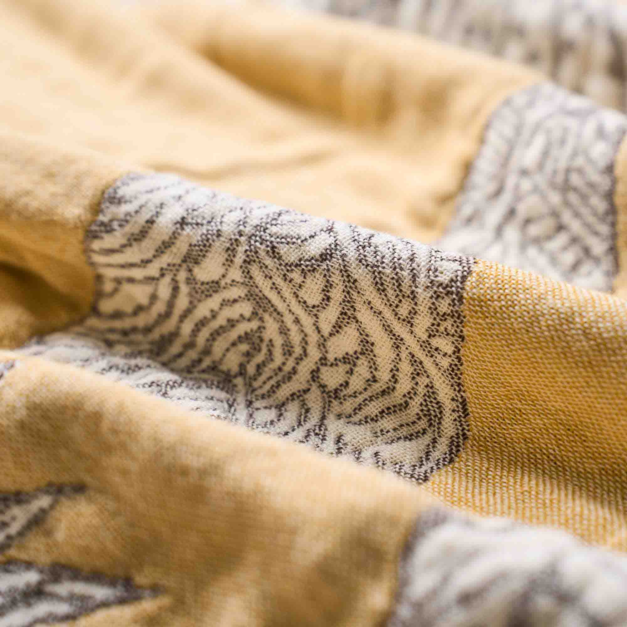 Close-up of yellow fabric with gray and white intricate patterns and visible woven texture, highlighting the beauty of the Boho Cotton Throw Blanket.