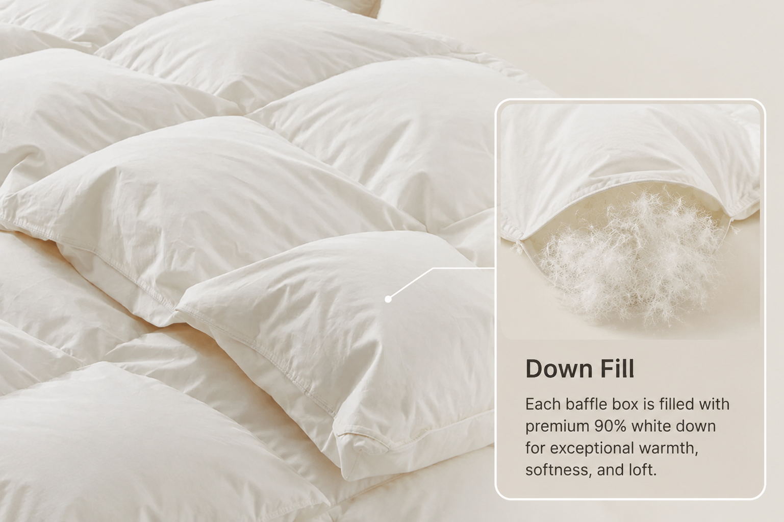 White comforter with visible quilted squares, showing close-up of fluffy down filling and product text description.