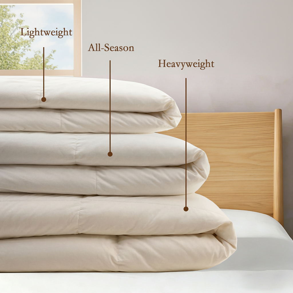 Three stacked comforters labeled Lightweight, All-Season, and Heavyweight on a bed with a wooden headboard.