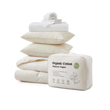 This all-in-one summer bundle includes a lightweight organic cotton comforter, matching duvet cover, soft sheet set, plush mattress topper, and coordinating pillowcases — all crafted from 100% GOTS-certified organic cotton. Ideal for hot sleepers and warm climates, this breathable and eco-friendly set offers everything you need for a fresh, cool, and comfortable sleep experience in your new space.