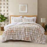 Brown faux rabbit fur comforter set styled with sherpa reverse and coordinating zip-closure pillow shams, offering a warm and elegant bedroom look.