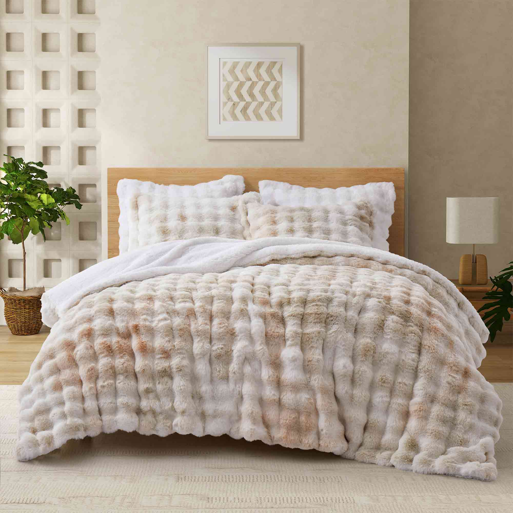 Brown faux rabbit fur comforter set styled with sherpa reverse and coordinating zip-closure pillow shams, offering a warm and elegant bedroom look.