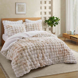 Brown faux rabbit fur comforter set styled with sherpa reverse and coordinating zip-closure pillow shams, offering a warm and elegant bedroom look.