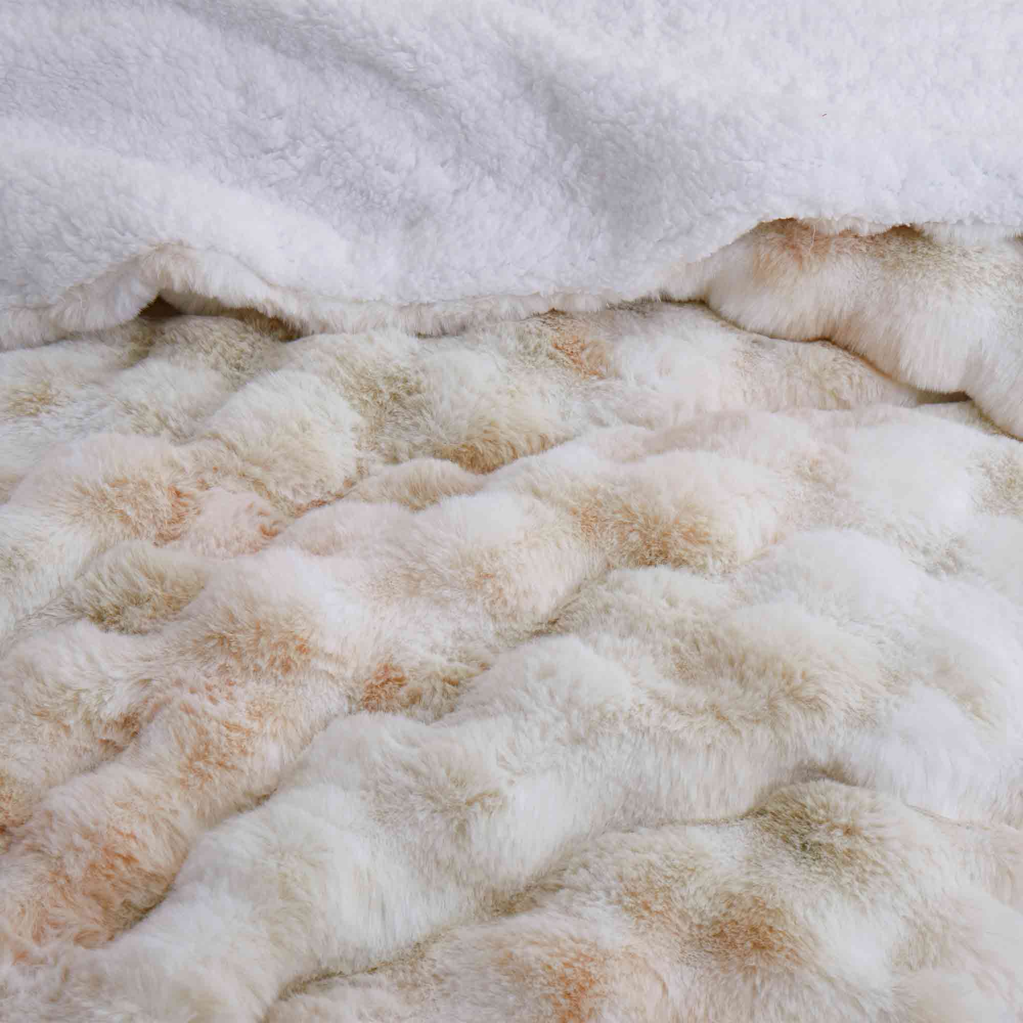 Brown faux rabbit fur comforter set styled with sherpa reverse and coordinating zip-closure pillow shams, offering a warm and elegant bedroom look.